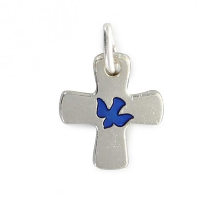 Croce d'argento con colomba blu intarsiata 16 mm