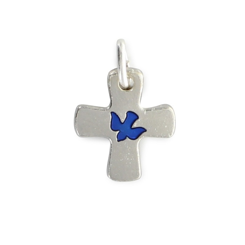 Croix argentée avec colombe bleu incrustée de 16 mm