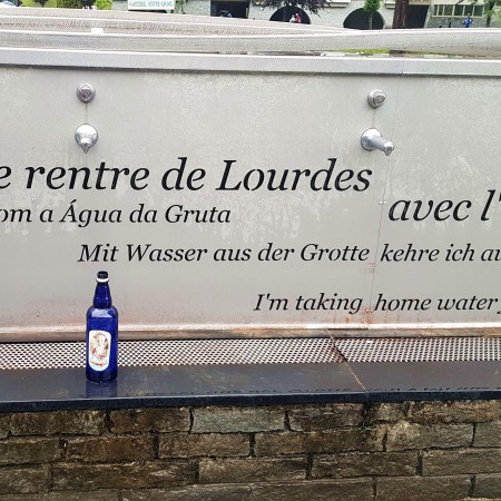 1L Lourdes water in a blue plastic bottle with Lourdes Apparition