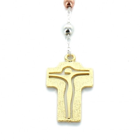 rosario in metallo a 3 toni con grande croce dorata