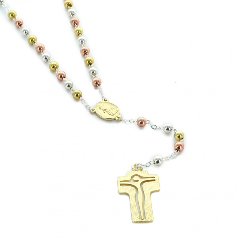 rosario in metallo a 3 toni con grande croce dorata
