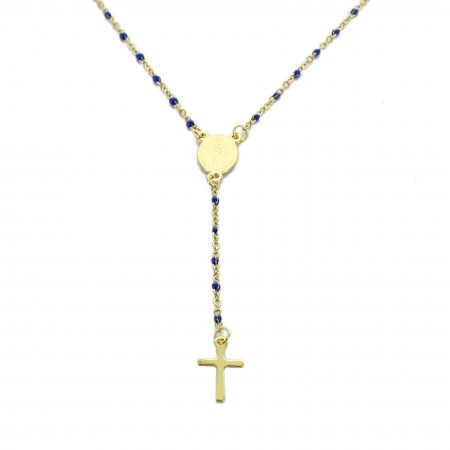 Collana rosario in acciaio placcato oro con grani blu