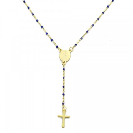 Collana rosario in acciaio placcato oro con grani blu