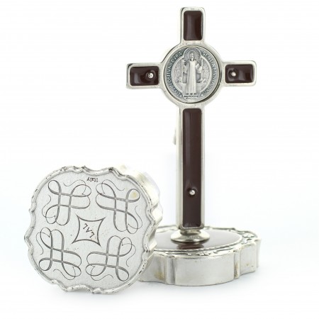 Crucifix on base with silver medal Saint Benoit