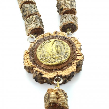 Varnished tree bark rosary with golden Christ