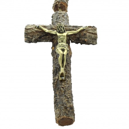 Chapelet à suspendre en écorce d'arbre vernis avec Christ doré