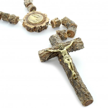 Varnished tree bark rosary with golden Christ