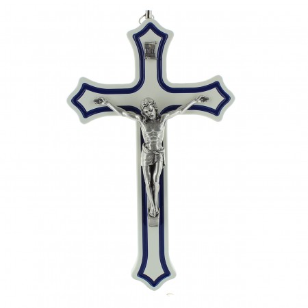 Crocifisso bianco e blu con Cristo in argento