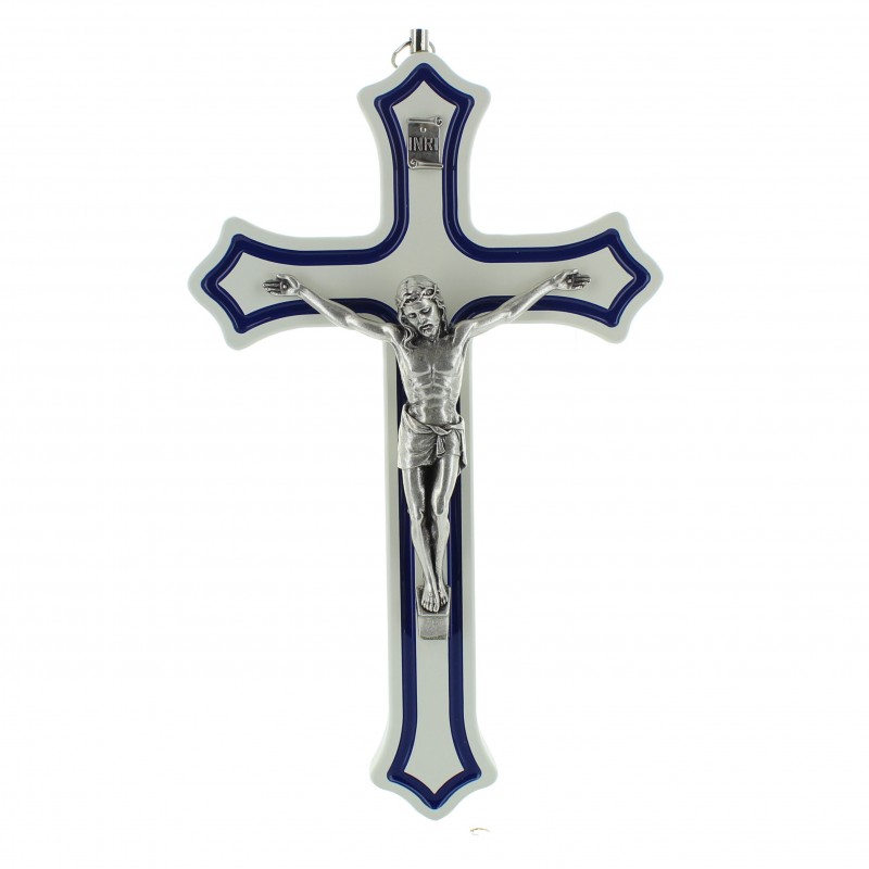 Crucifix blanc et bleu avec Christ argenté