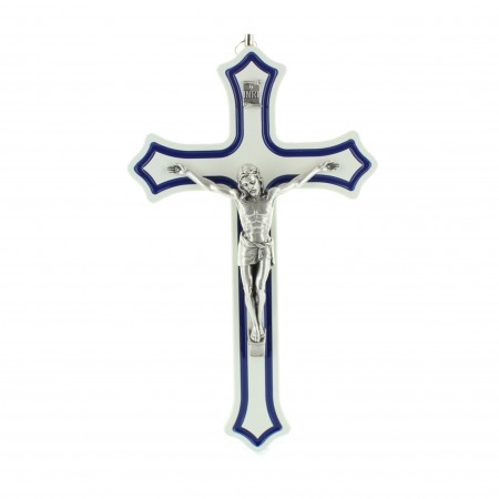 Crocifisso bianco e blu con Cristo in argento