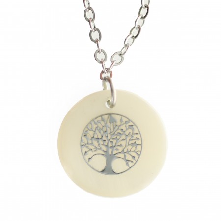 Round mother-of-pearl pendant with tree of life