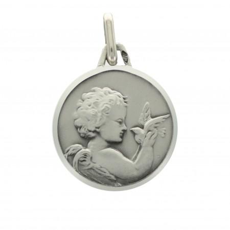 Medaglia d'argento di un angelo con colomba 16mm