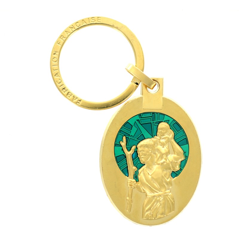 Porte clés en métal doré à l'image de Saint Christophe couleur Turquoise
