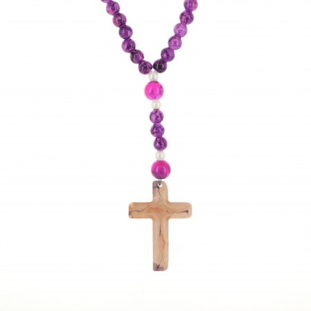 Glass rosary with coloured beads and variegated cross