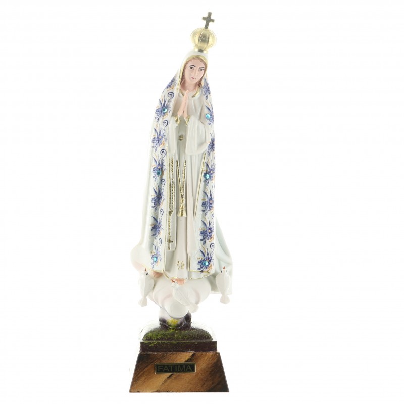 Statue de Fatima vêtue d'un manteau fleuri bleu 18cm