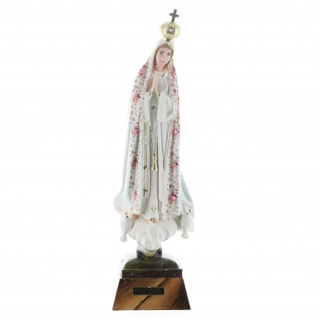 Statue de Fatima vêtue d'un manteau fleuri rose 18cm