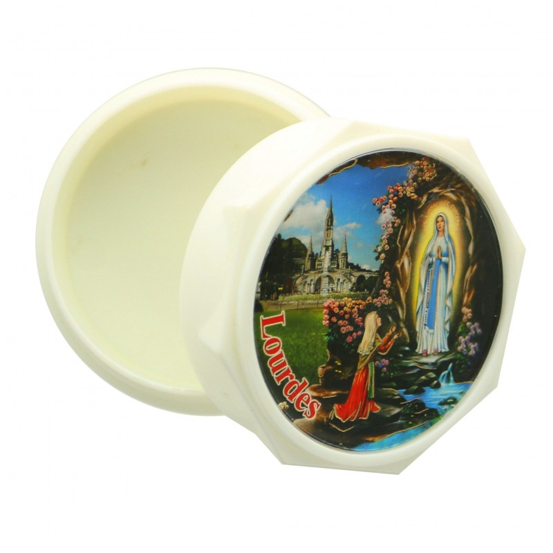 White rosary box with the Apparition of Lourdes