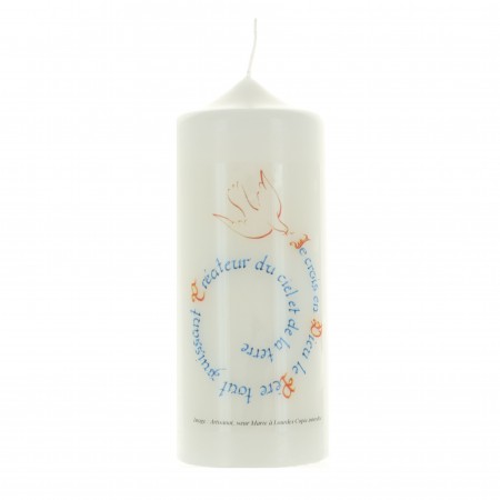 White candle with religious quotes and decorations 15x6cm