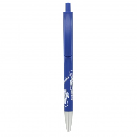Penna a pulsante blu decorata con l'Apparizione di Lourdes
