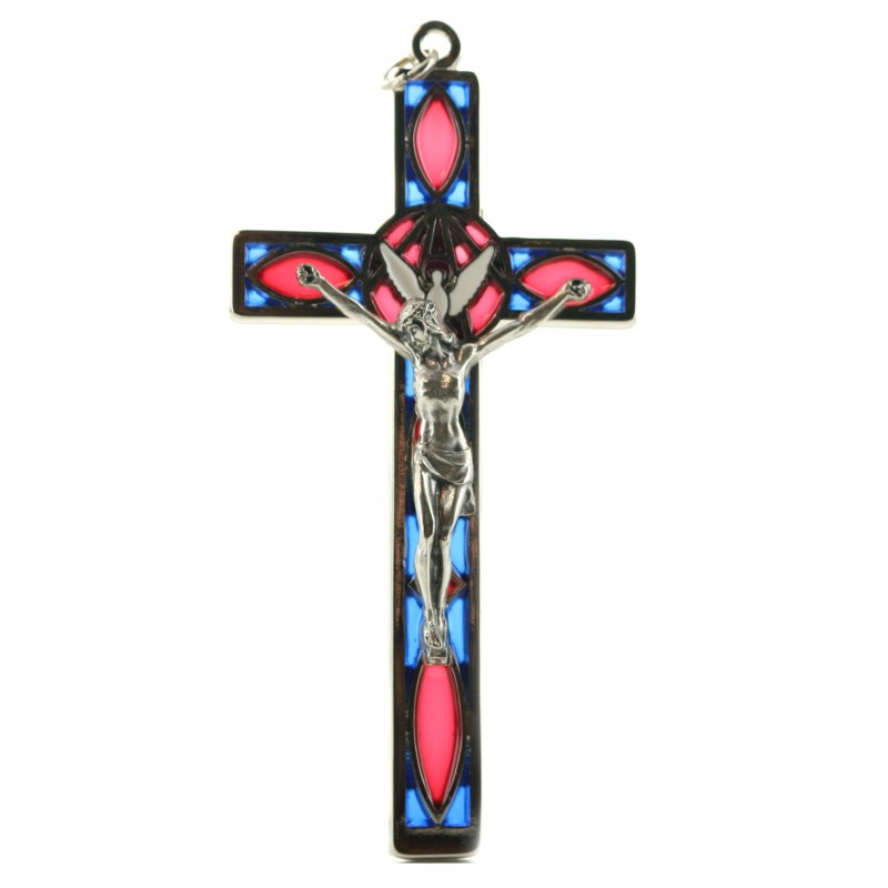 Cross of the Holy Spirit with coloured stained glass background