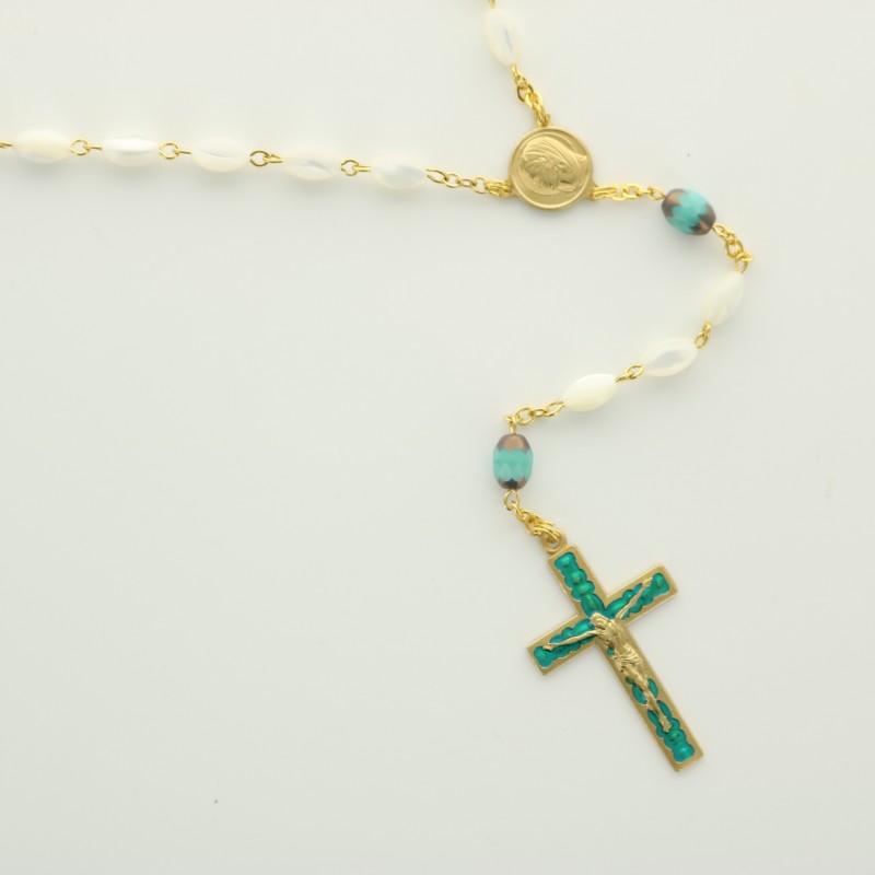 Golden rosary with mother-of-pearl beads and enamelled cross