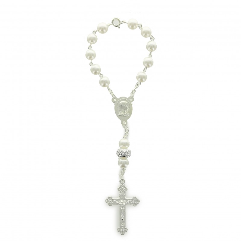 Decina rosario in argento con strass e apparizione di Lourdes