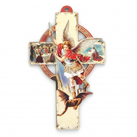 Croix de l'Archange Saint Michel en bois avec illustration