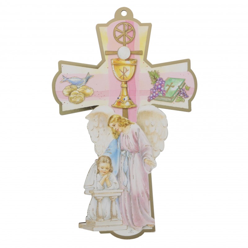 Cross of Communion pink in wood decorated