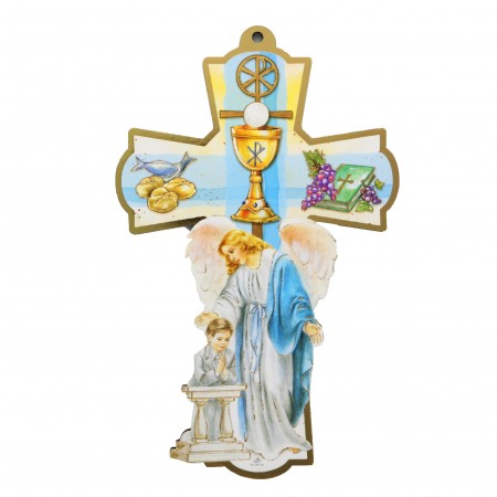 Blue Communion cross in wood with illustration