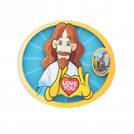 Jesus Loves You heart-shaped magnet with the Apparition of Lourdes
