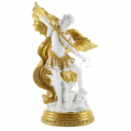 Statue de Saint Michel 40 cm en résine blanche et dorée