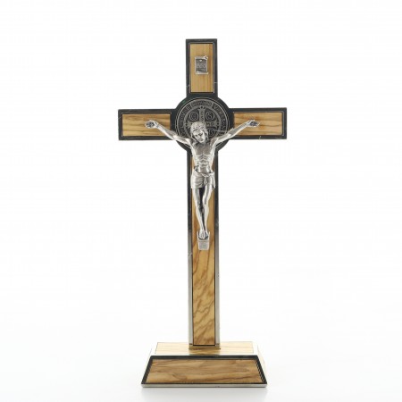 Crucifix of Saint Benedict in olive wood and metal 20 cm