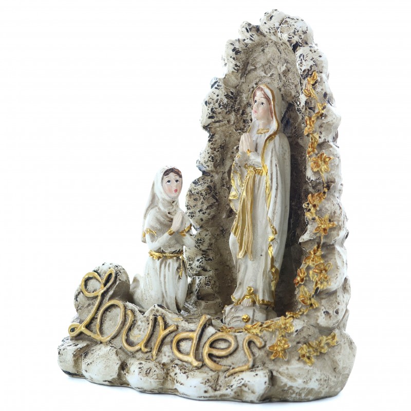 Statue Apparition de Lourdes en résine blanche et dorée