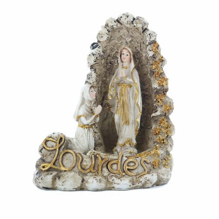 White and gold resin statue of the Apparition of Lourdes