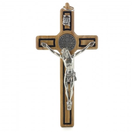 Olive wood Crucifix of St. Benedict with silver medal 12 cm