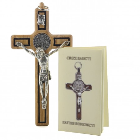 Olive wood Crucifix of St. Benedict with silver medal 12 cm