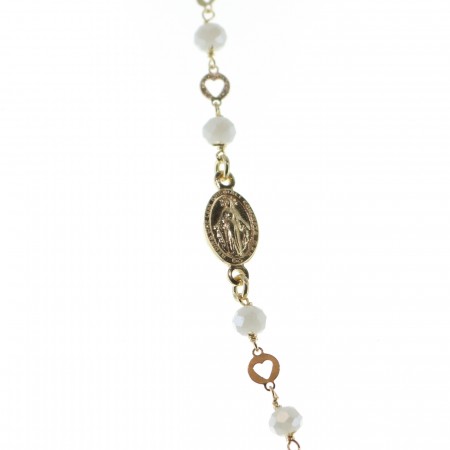 Collier chapelet en argent doré avec croix blanche et médaille miraculeuse