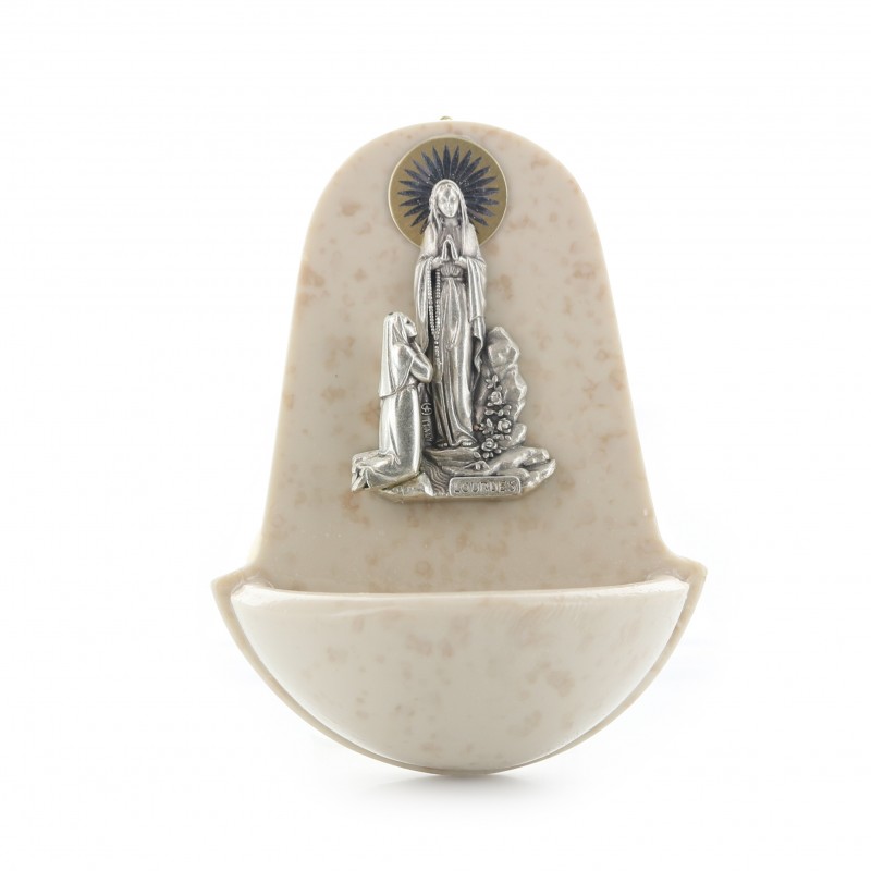 Acquasantiera dell'Apparizione di Lourdes in resina marmorizzata
