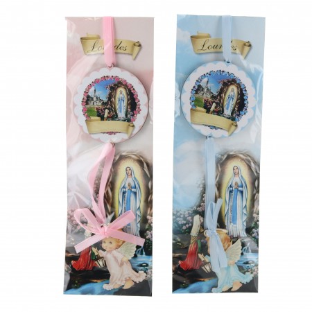 Pink cradle medal with Apparition of Lourdes