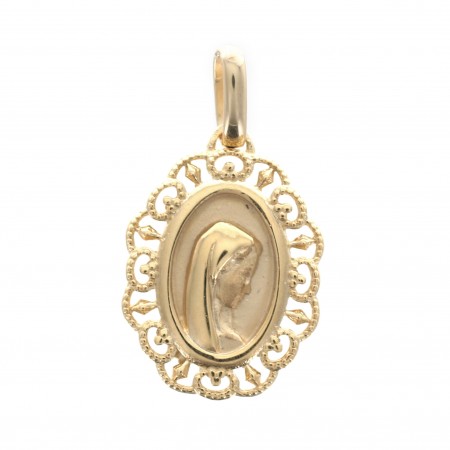 Gold plated medal of the Holy Mary in profile with lace tower 14 mm