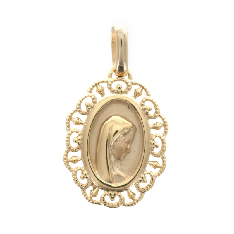 Gold plated medal of the Holy Mary in profile with lace tower 14 mm