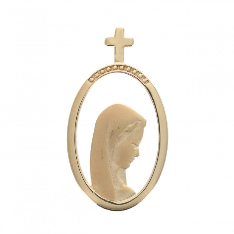 Gold plated medal Holy Mary in profile with cross-shaped clasp 21 mm