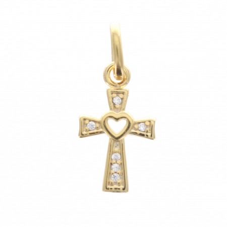 Pendentif croix plaqué or avec strass et coeur ajouré 12 mm