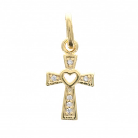 Gold plated cross pendant with rhinestones and openwork heart 12 mm