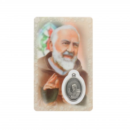 Carte de prière de Padre Pio avec médaille