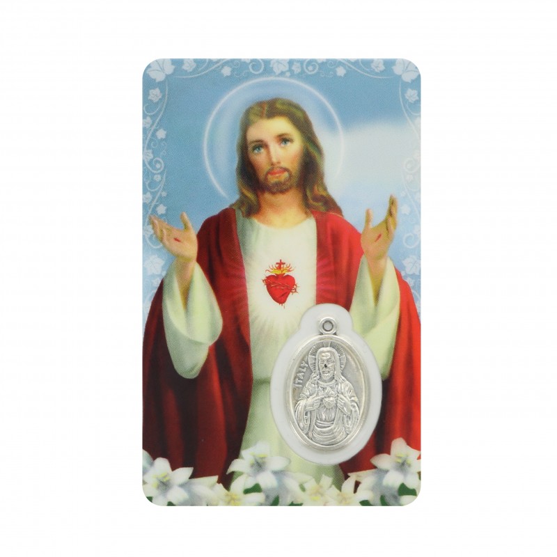 Biglietto di preghiera del Sacro Cuore di Gesù con medaglia