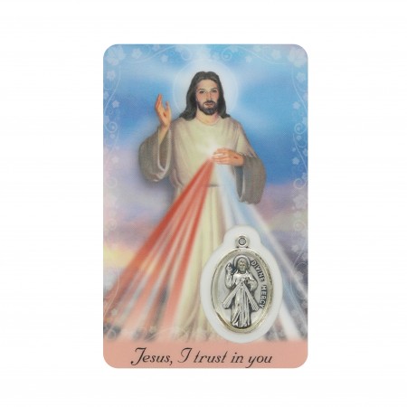 Carte de prière Jésus Miséricordieux avec médaille