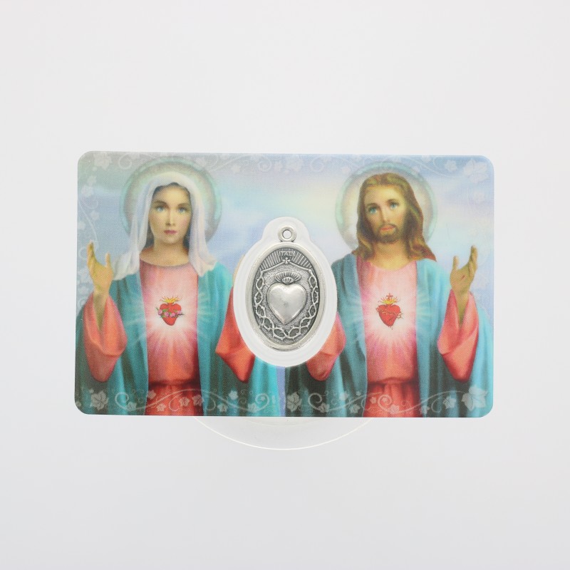Biglietto di preghiera Cuore di Gesù e Maria con medaglia