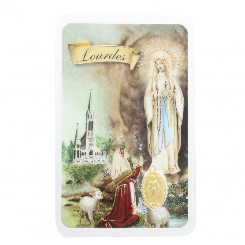 Lourdes Prayer Card with golden miraculous medal