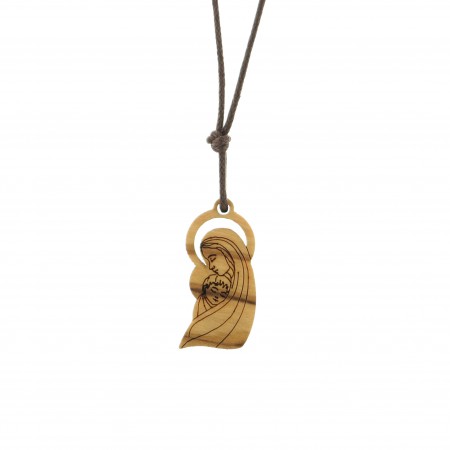 Collier en corde avec pendentif Vierge Enfant en bois
